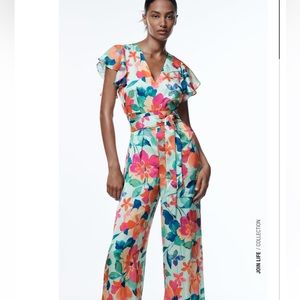 Zara floral print silky jumpsuit.